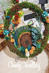 Fairy door moss wreath with fairy in gorgeous settings. Perfect decor gift for fairy lovers. Christmas, gifts, decor, special gifts.