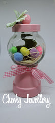 Gumball bunny jar.
Fuzzy green bunny in handmade gumball lolly jar.