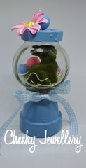 Gumball bunny jar.
Fuzzy green bunny in handmade gumball lolly jar.