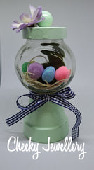 Gumball bunny jar.
Fuzzy green bunny in handmade gumball lolly jar.