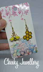Cute gold bees and honeycomb acrylic earrings, girls costume jewellery, fun jewellery. Cheeky Jewellery, gifts for birthdays and Christmas, roses