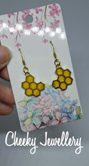 Cute gold bees and honeycomb acrylic earrings, girls costume jewellery, fun jewellery. Cheeky Jewellery, gifts for birthdays and Christmas, roses