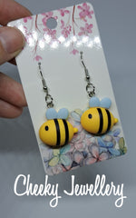 Cute gold bees and honeycomb acrylic earrings, girls costume jewellery, fun jewellery. Cheeky Jewellery, gifts for birthdays and Christmas, roses