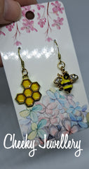 Cute gold bees and honeycomb acrylic earrings, girls costume jewellery, fun jewellery. Cheeky Jewellery, gifts for birthdays and Christmas, roses
