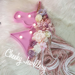 Unicorn light decor with sparkly glitter horn and floral mane
